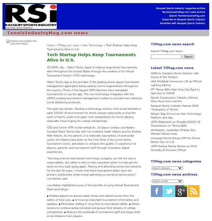 Match Tennis App in RSI Magazine